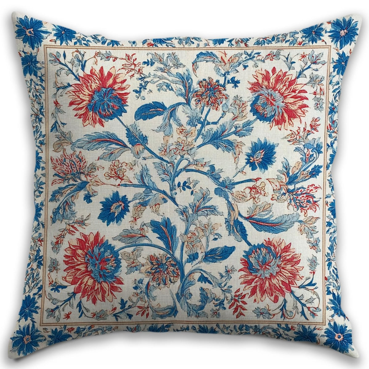 Bohemian Pillow Covers | Vintage Floral & Carpet Design | Double Sided Blue White Decorative Pillowcases for Couch, Bed | Indoor Outdoor Boho Home Decor (Blue&Brown, 18x18inches)