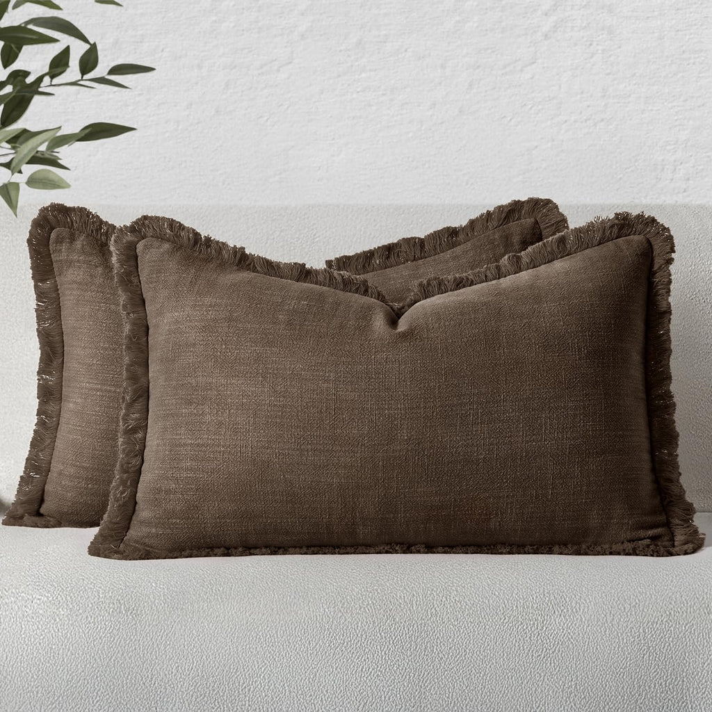 MIULEE Linen Fringe Decorative Throw Pillow Covers Natural Beige 20x20