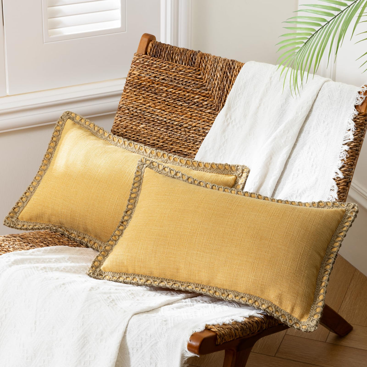 Phantoscope Pack of 2 Farmhouse Decorative Solid Throw Decorative Pillow Cover Burlap Linen Trimmed Tailored Edges Navy Blue 18 x 18 inches, 45 x 45 cm