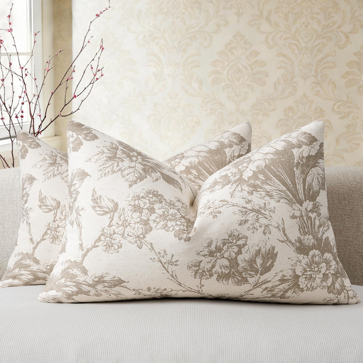 Buenohuas Farmhouse Decorative Pillow Covers 18x18 Set of 2, Vintage Botanical Floral Patterned Cushion Covers for Sofa Couch Chair Bed Living Room Home Decor Accents, Olive Green