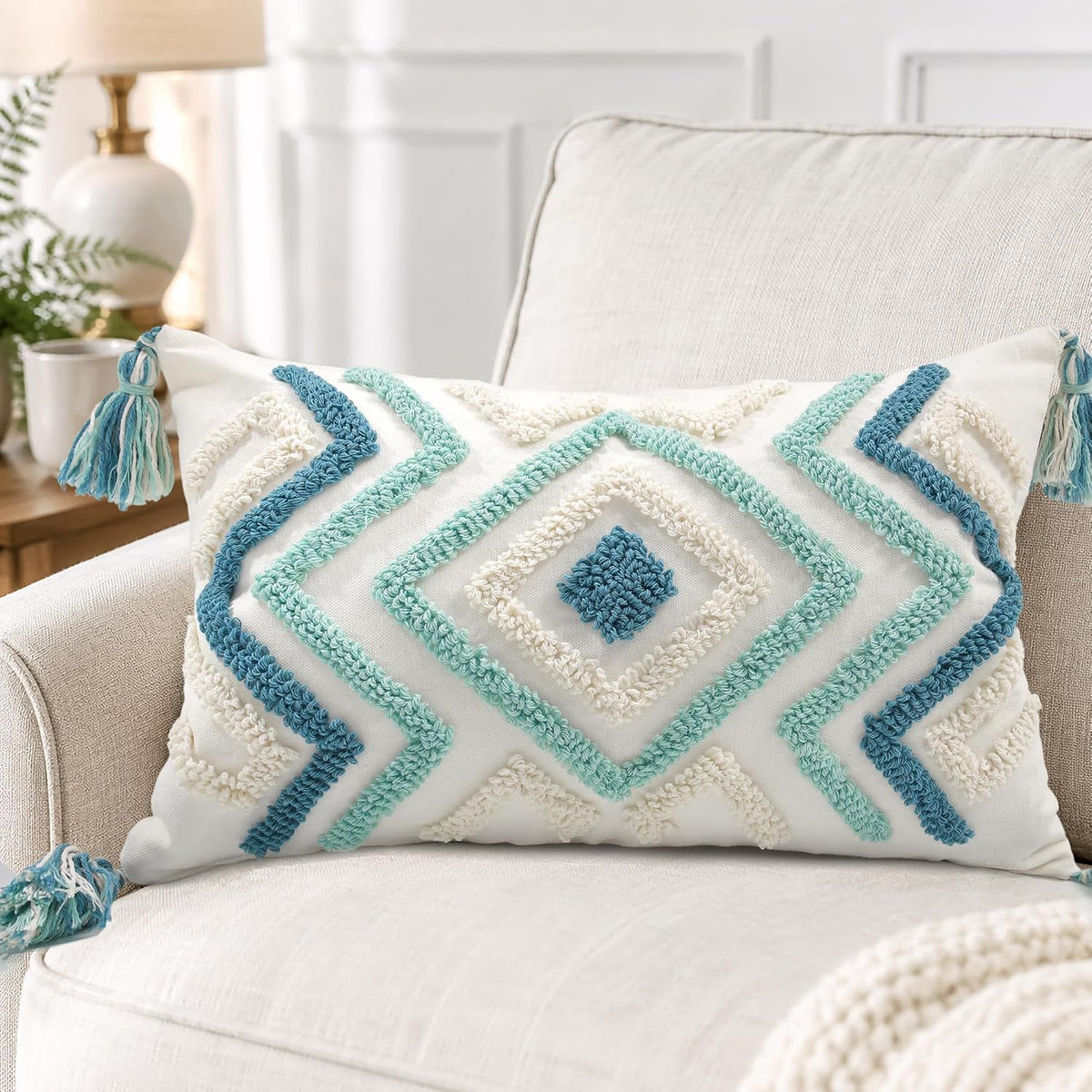 Lumbar Boho Pillow Covers 12x20 Tufted Teal for Couch Bed Teal
