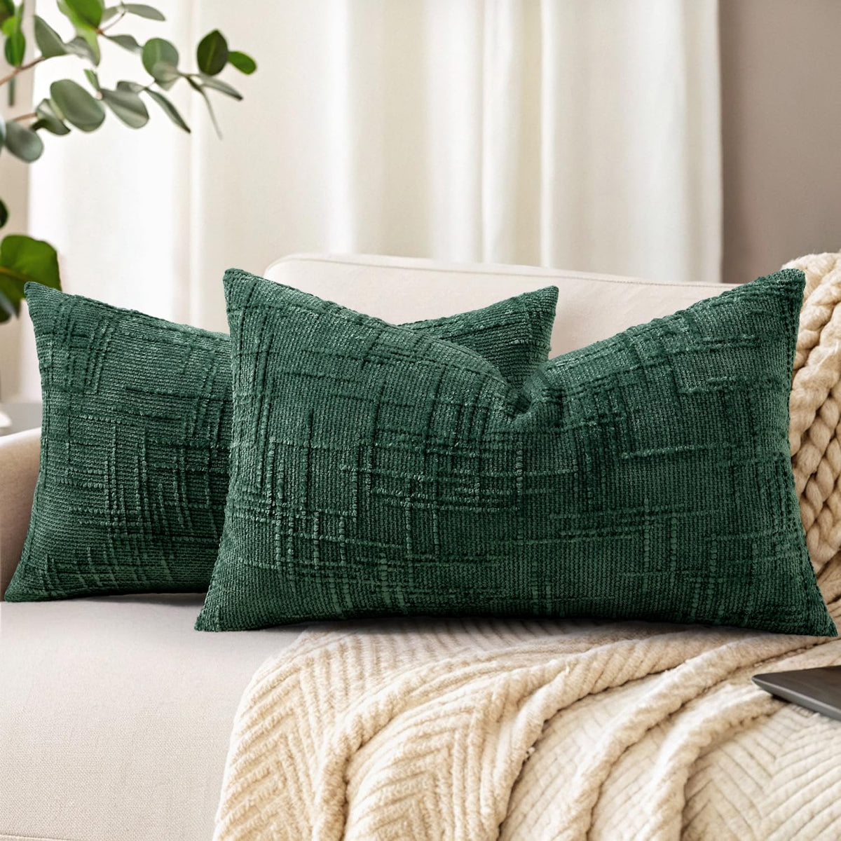 decorUhome Textured Chenille Throw Pillow Covers 18x18 Set of 2 Cream White