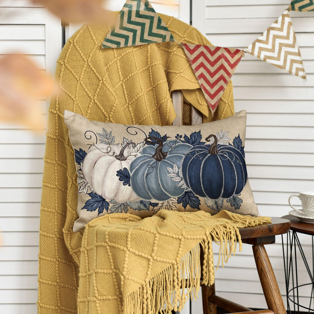 AVOIN colorlife Fall Blue Pumpkin Leaves Throw Pillow Cover 12x20 Inch