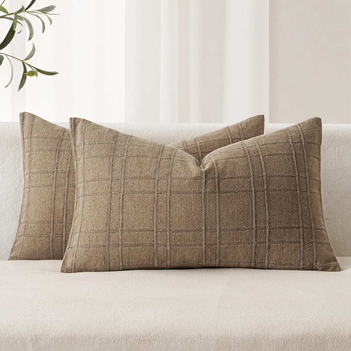 MIULEE Linen Plaid Pillow Covers Decorative 20x20 Natural Beige