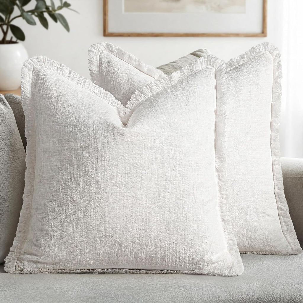 MIULEE Linen Fringe Decorative Throw Pillow Covers Natural Beige 20x20