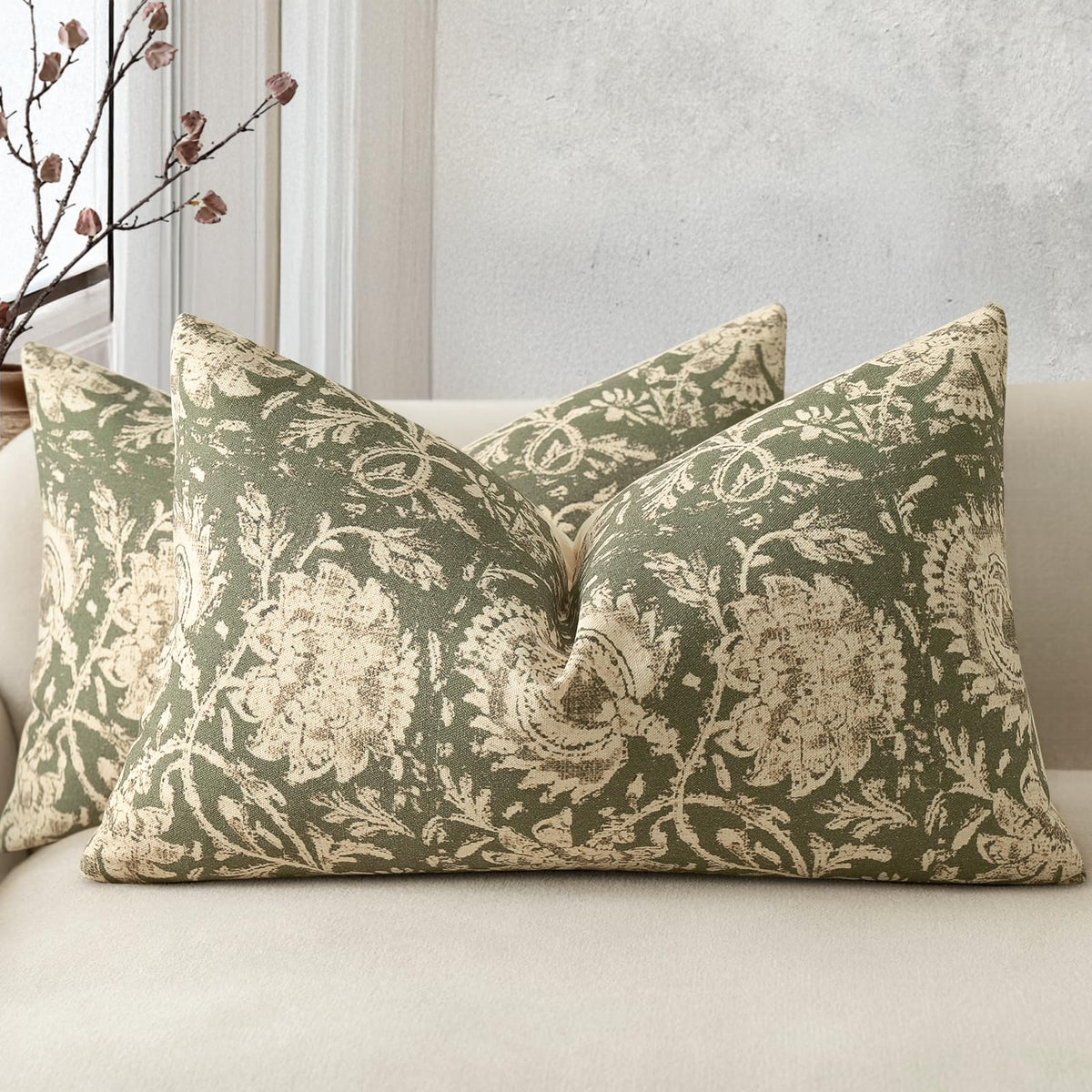 Vintage Floral Print Throw Pillow Covers 20x20 Set of 2 Neutral Modern Farmhouse Pillowcase Accent Decorative Cushion Covers Boho Home Decor for Couch Sofa Chair Bed Living Room, Olive Green