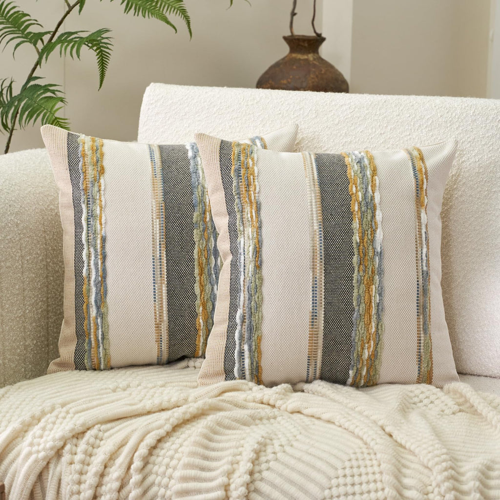 Aeckself Boho Throw Pillow Covers 18x18 Inch Set of 2, Farmhouse Decorative Striped Square Pillow Covers Chenille Tufted Pillow Cases Accent Neutral Pillowcase for Living Room Couch Bed, Orange White