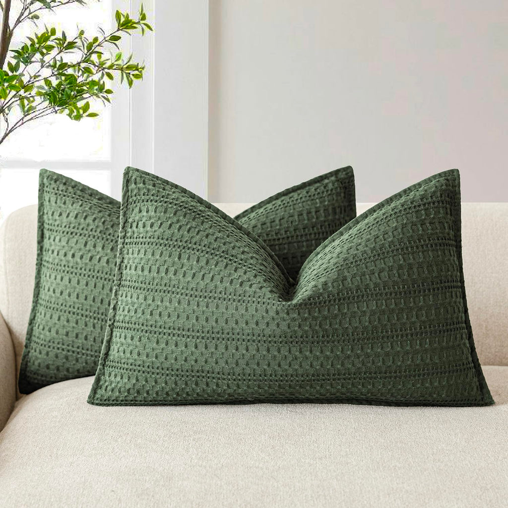Foindtower Set of 2 Decorative Cotton Waffle Weave Textured Throw Pillow Covers Euro Sham Cushion Covers Accent European Pillowcase For Bed Couch Sofa Bedroom Living Room Home Decor 18×18 Inch Oatmeal