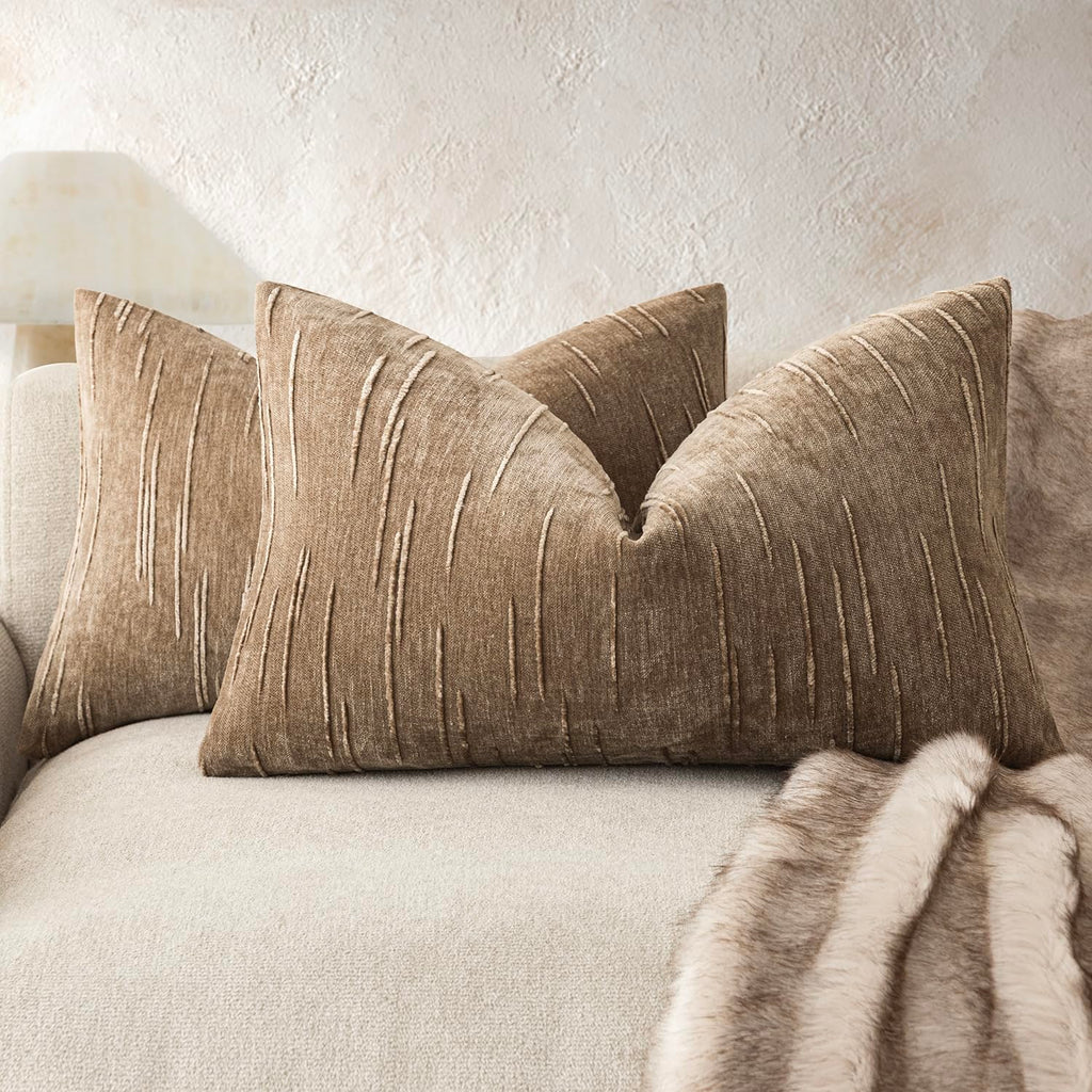 Foindtower Pack of 2 Slubby Textured Chenille Throw Decorative Pillow Covers Square Accent Solid Cushion Cover Neutral Farmhouse Pillow Case for Sofa Bedroom Living Room 18x18 Inch,Dark Olive Green