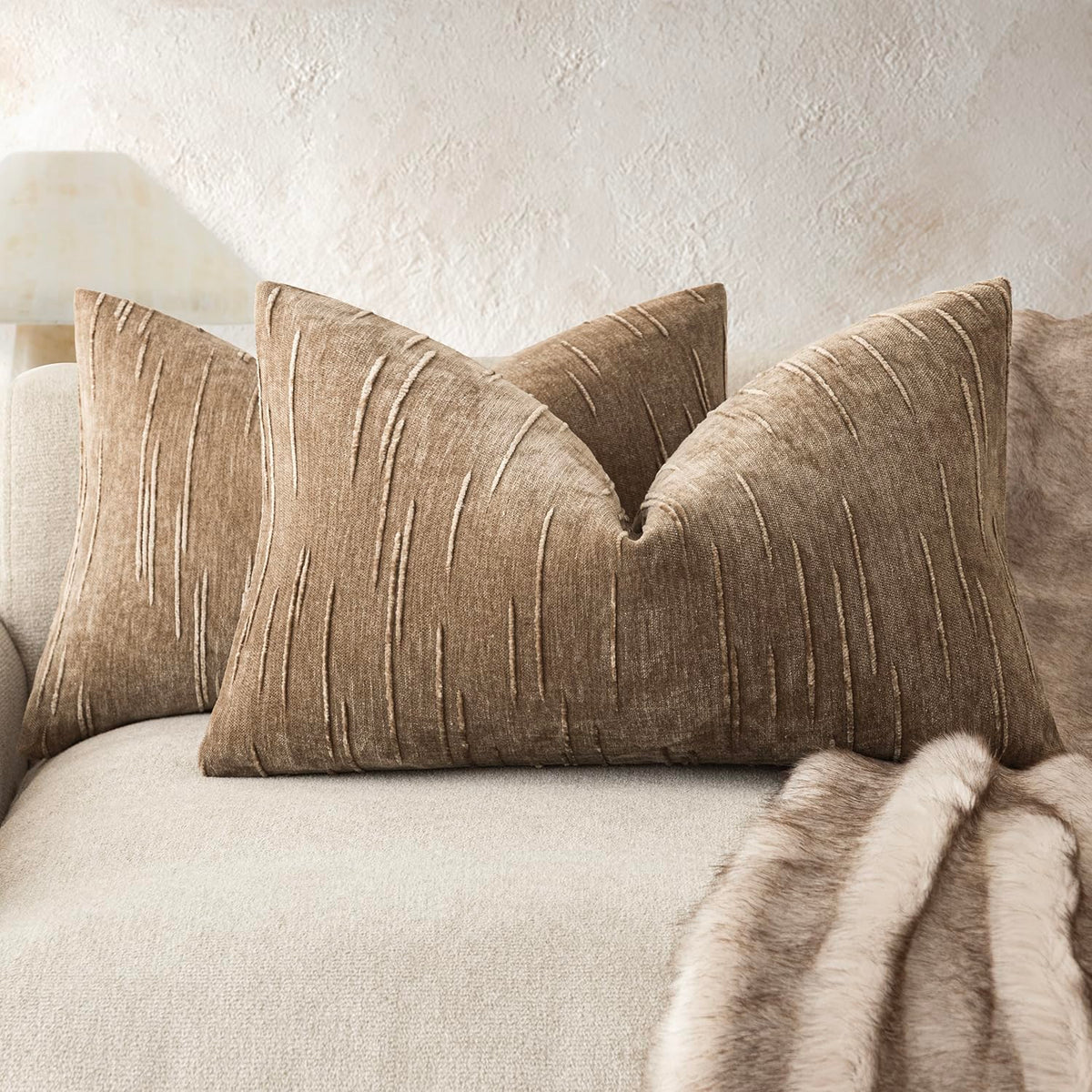 Foindtower Pack of 2 Slubby Textured Chenille Throw Decorative Pillow Covers Square Accent Solid Cushion Cover Neutral Farmhouse Pillow Case for Sofa Bedroom Living Room 18x18 Inch,Dark Olive Green
