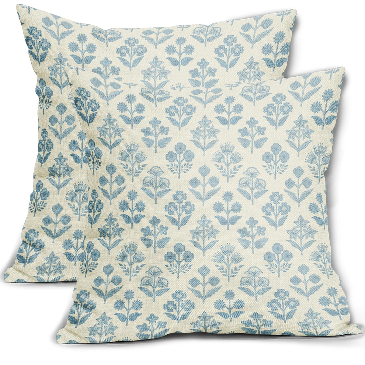 Blue Green Block Print Pillow Covers 18x18 Inch Set of 2, Vintage Floral Spring Decorative Throw Pillow Cases Boho Cushion Covers Rustic Decoration Gift Farmhouse Sofa Couch Bed Decor