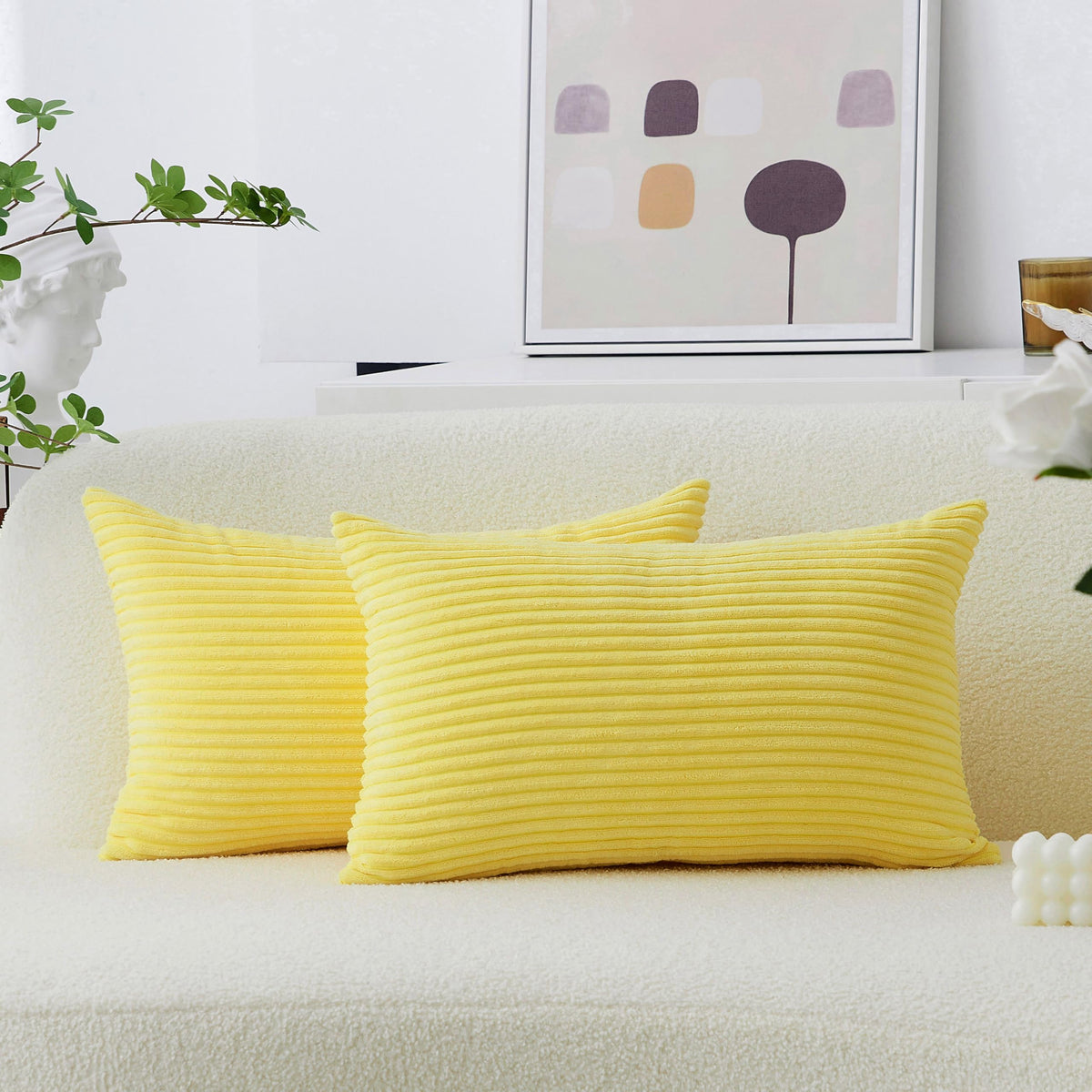 Home Brilliant Yellow Pillow Covers Summer Decorative Set of 2 Striped Corduroy Plush Velvet Throw Pillow Covers for Couch Decor, 18x18 inch, Light Yellow