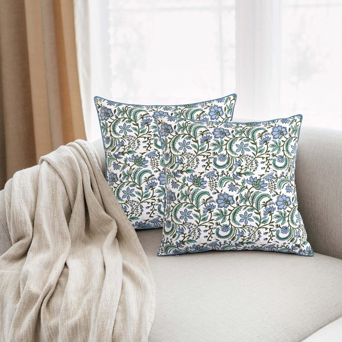 Ridhi Block Print Columbia Blue Pillow Cover 18" x 18" (Pack of 2) Decorative Couch Pillows for Living Room, Chic Boho Cute Outdoor Pillows Covers Gifts for Spring, Easter and Valentine