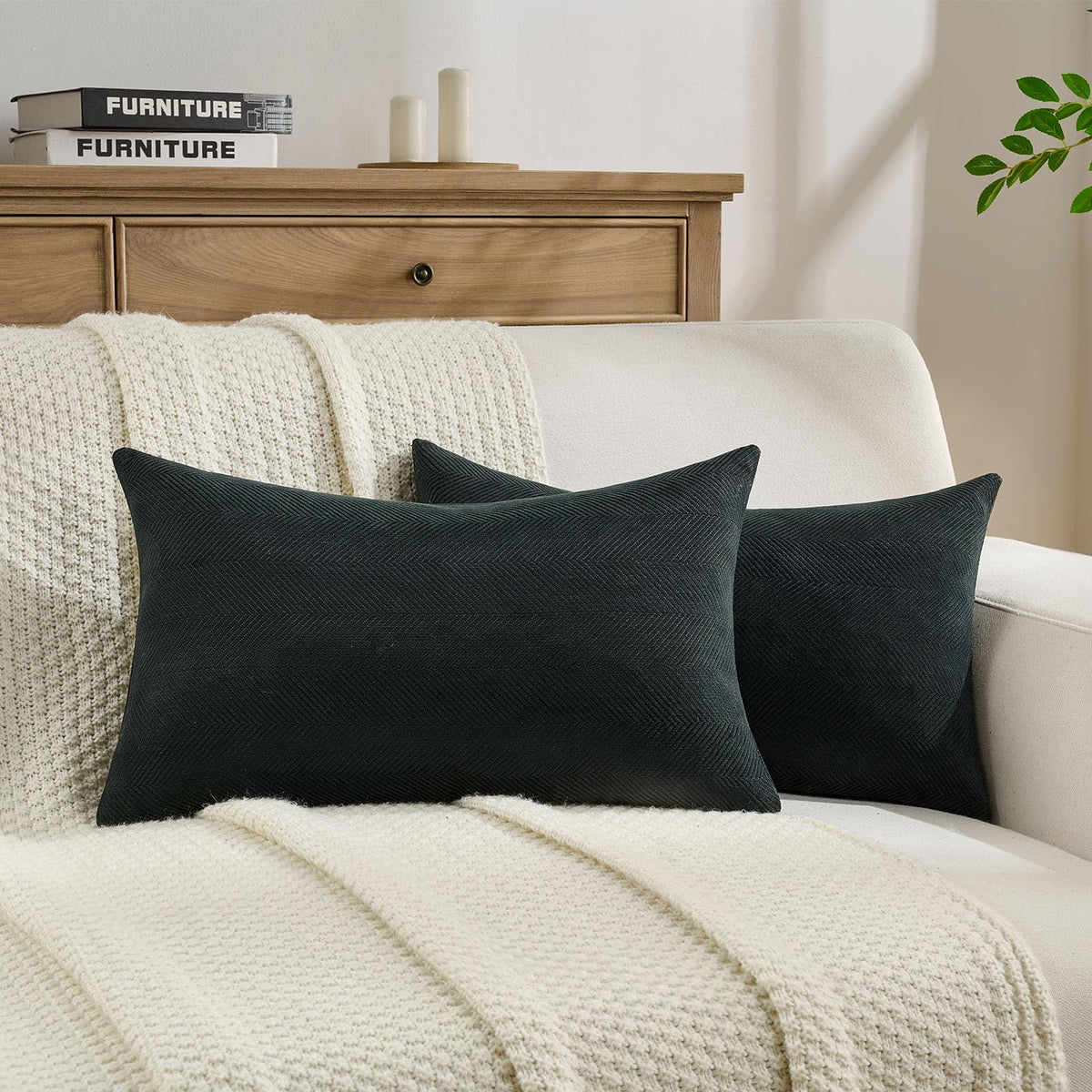 FUTEI Pack of 2 Chenille Throw Pillow Covers 18x18 Inch, Black