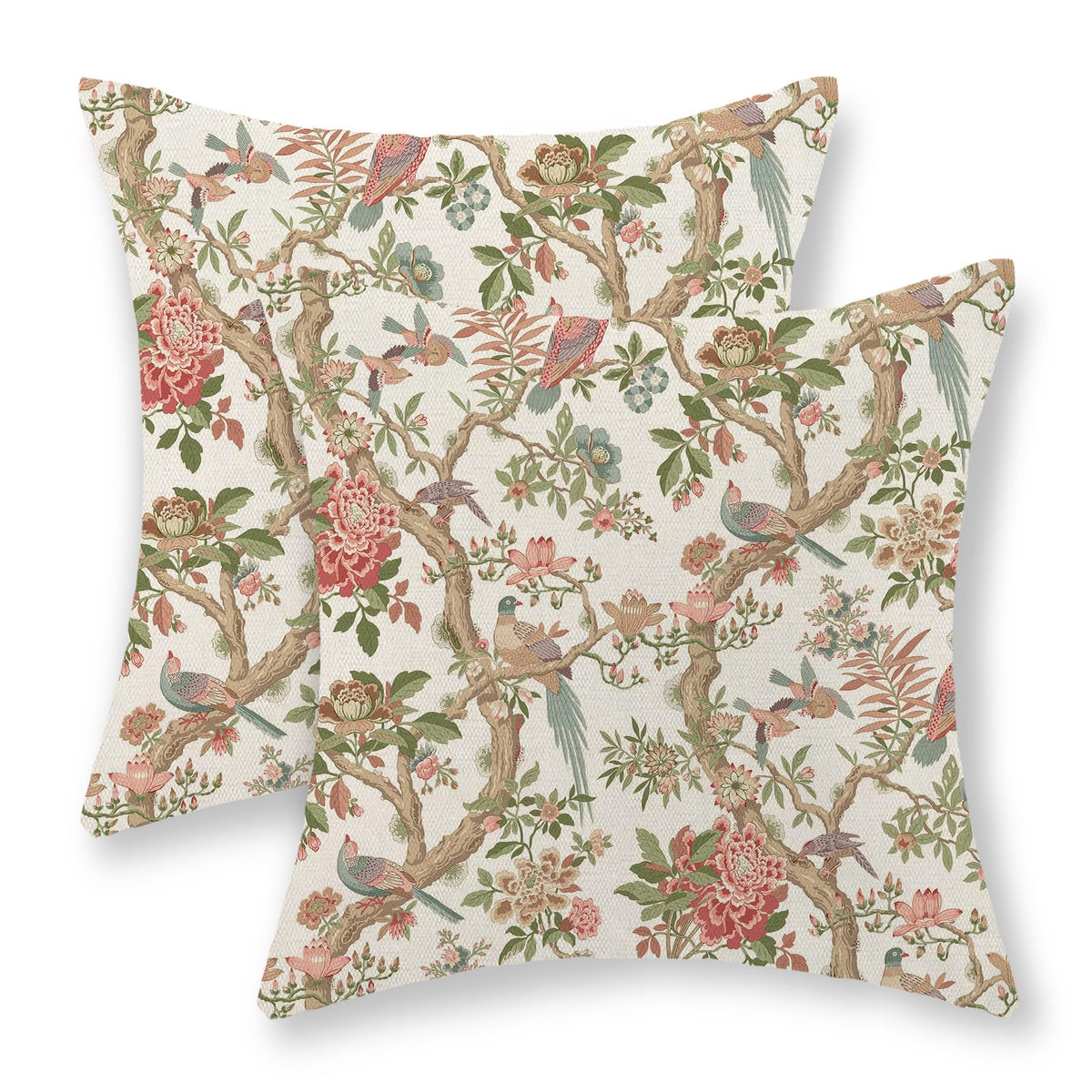 Chinoiserie Pillow Covers 18x18 Set of 2 Blue Green Bird Floral Throw Pillows Vintage Blue Flowers Decorations Outdoor Pillowcase Chinoiserie Decor Farmhouse Linen Cushion Case for Couch Home