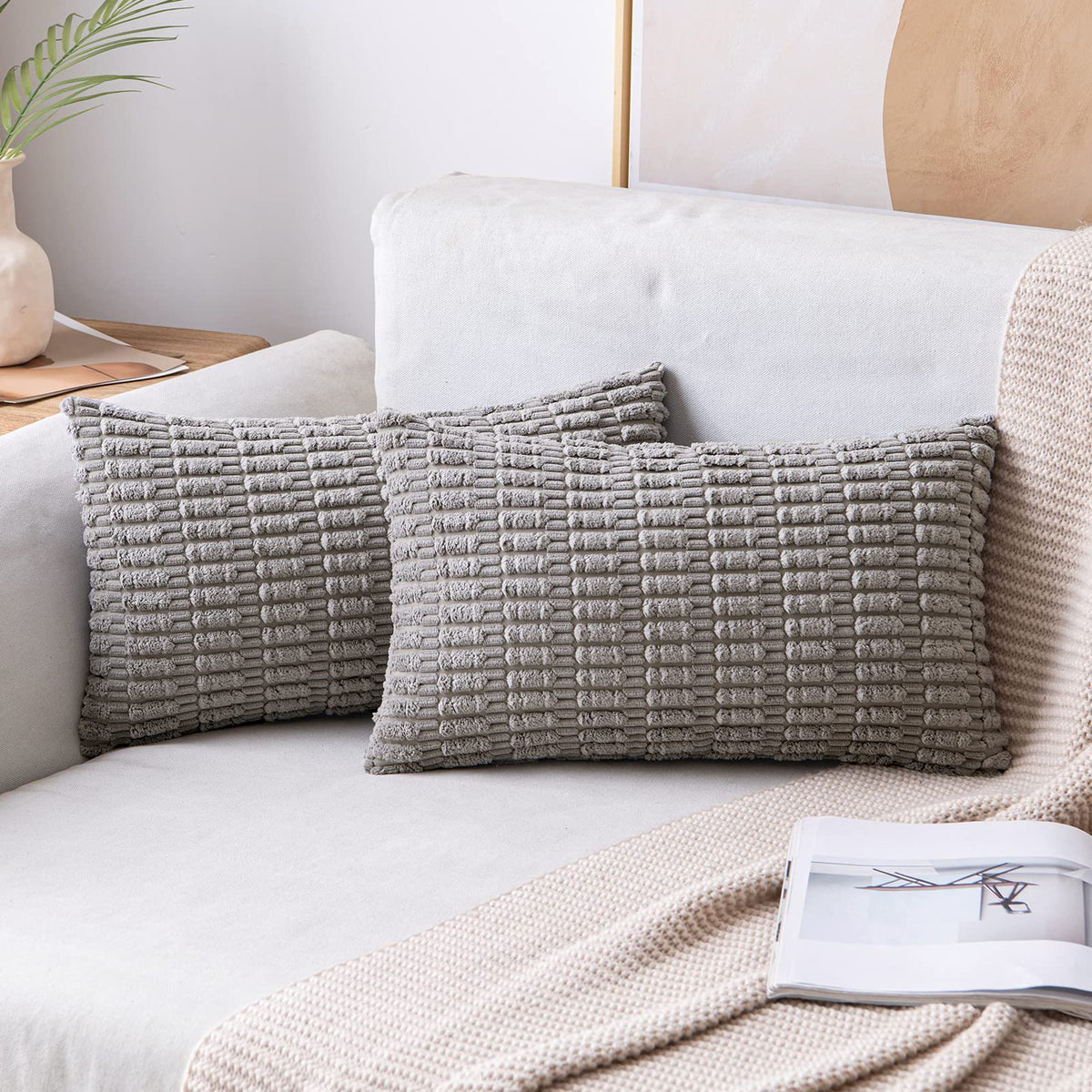 MIULEE Lumbar Corduroy Decorative Throw Pillow Covers 12x20 Cream White