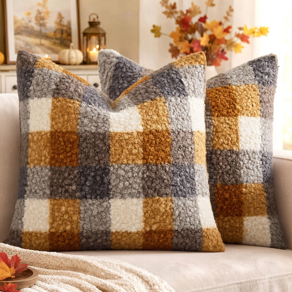 MIULEE Fall Plaid Pillow Covers Boucle Khaki White 18x18 Set of 2