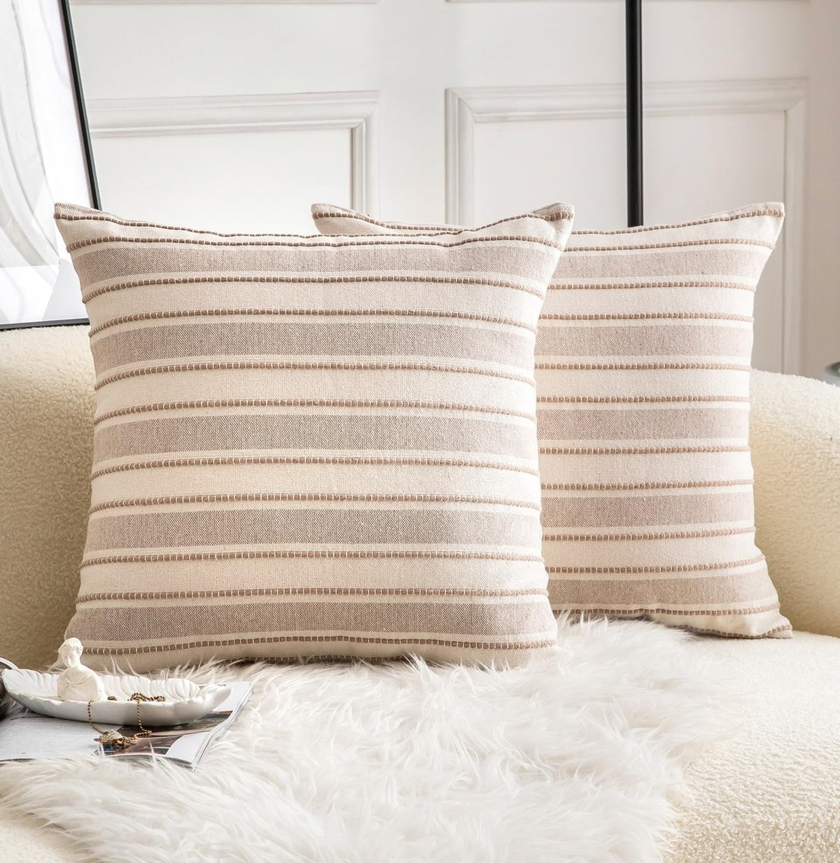 Cethom Decorative Boho Throw Pillow Covers, Farmhouse Textured Pillow Case, 20 x 20 Inch Set of 2, Chair Sofa Bedroom Living Room Home Decor Couch Cushion Case, Classic Blue and Beige Striped