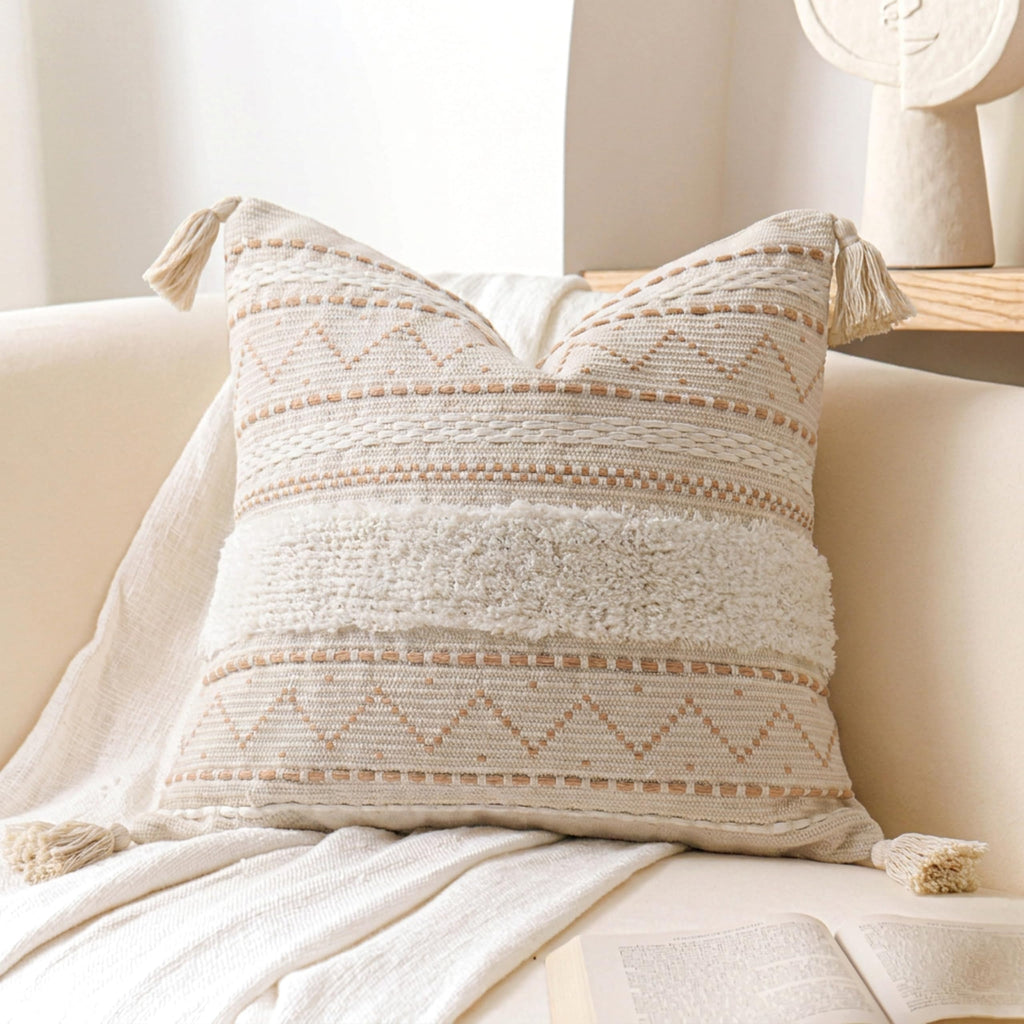BlissBlush 14x36 Lumbar Pillow Cover for Bed, Rectangular Long Decorative Throw Pillowcase, Boho Accent Cushion with Tufted Pattern and Tassels, Cream Beige Neutral (Cover Only)