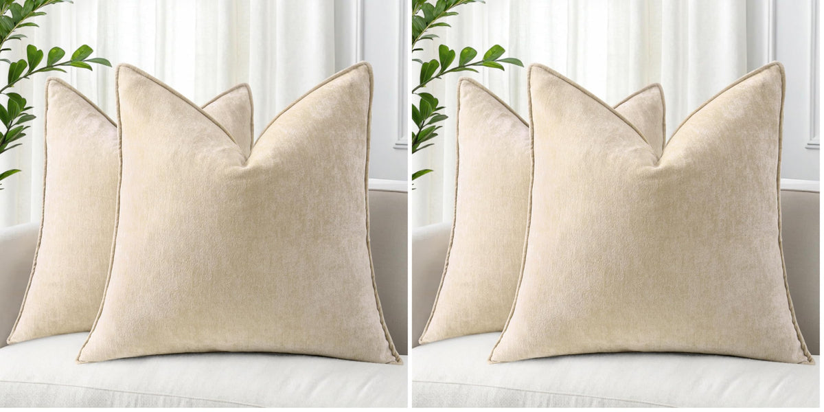 decorUhome Chenille Beige Velvet Throw Pillow Covers 18x18 Set of 2