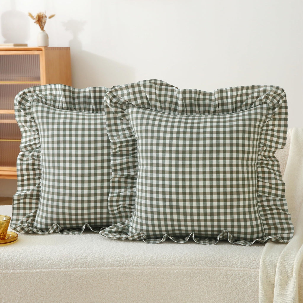 Gingham Throw Pillow Covers 18x18, Warm Taupe/White, Ruffle Trim