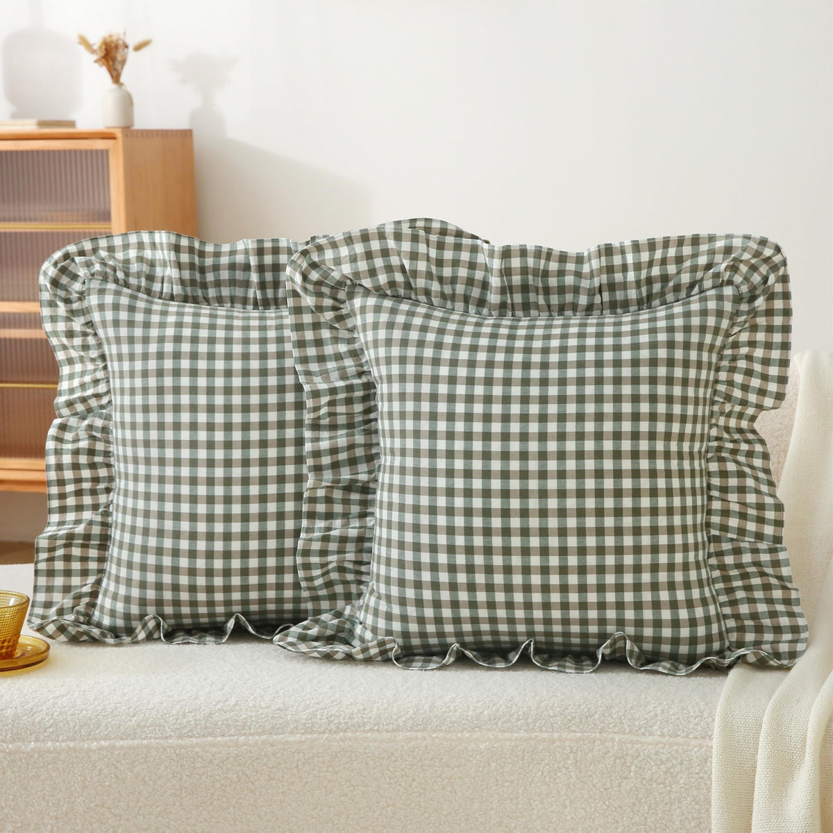 Gingham Throw Pillow Covers 18x18, Warm Taupe/White, Ruffle Trim