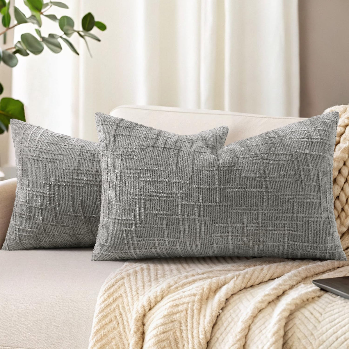 decorUhome Textured Chenille Throw Pillow Covers 18x18 Set of 2 Cream White