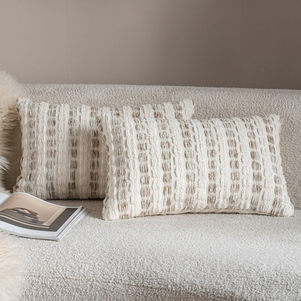 Caflife Beige Striped Chenille Boho Throw Pillow Covers 18x18 Inch Set of 2