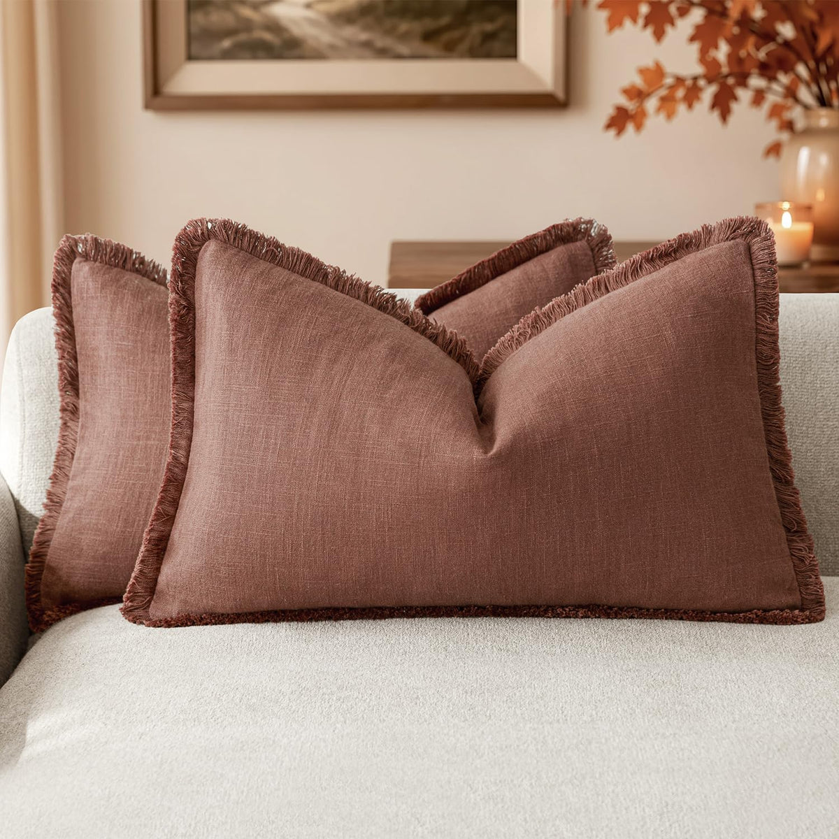 Foindtower Decorative Linen Fringe Throw Pillow Covers 20×20 Inch,Beige