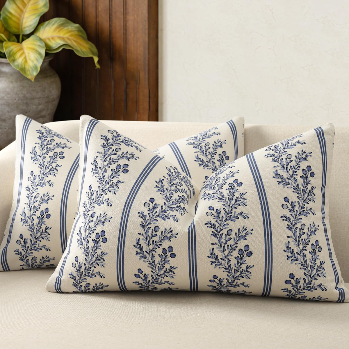 Vintage Throw Pillow Covers 18x18 Set of 2, Striped Floral Pillow Cover Botanical Patterned Decorative Cushion Covers Modern Farmhouse Home Decor for Sofa Couch Bed Living Room, Light Brown