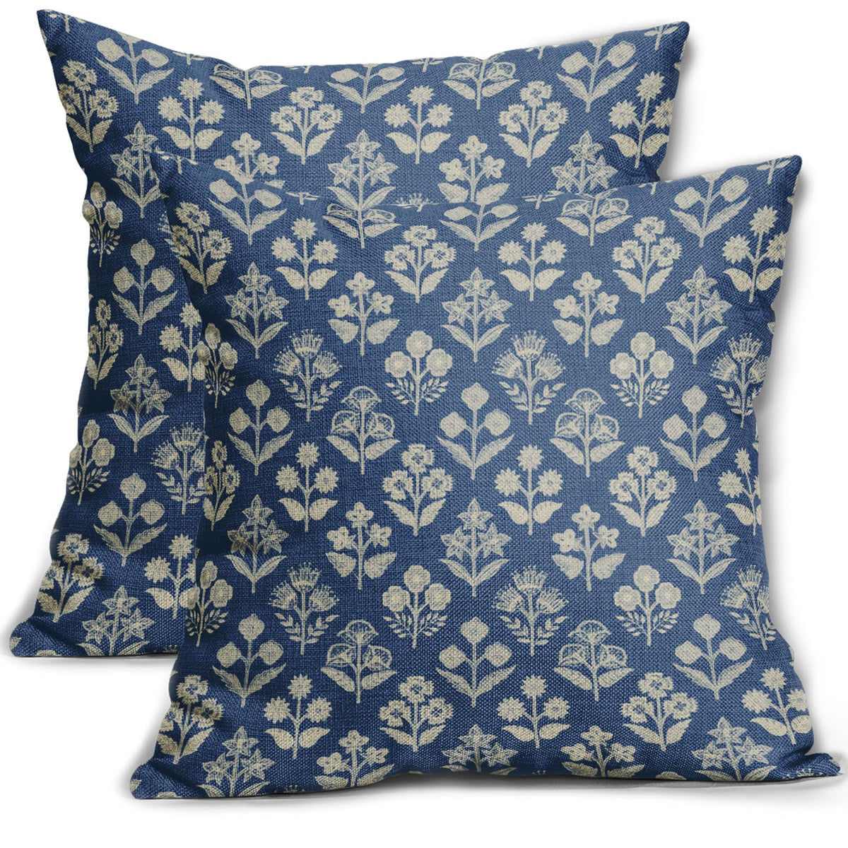 Blue Green Block Print Pillow Covers 18x18 Inch Set of 2, Vintage Floral Spring Decorative Throw Pillow Cases Boho Cushion Covers Rustic Decoration Gift Farmhouse Sofa Couch Bed Decor