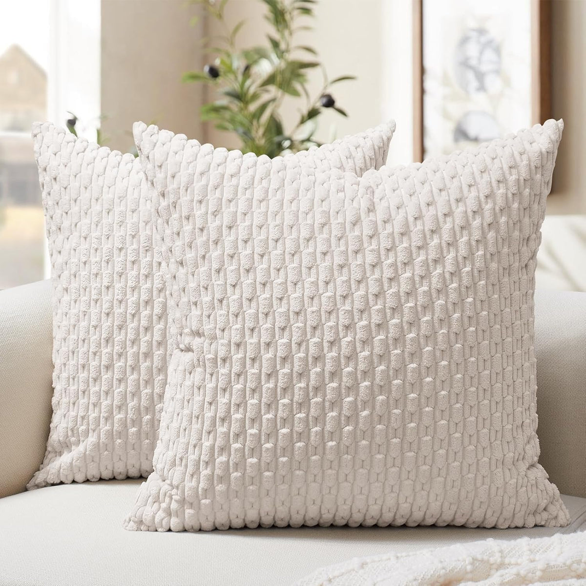 Softalker Corduroy Decorative Throw Pillow Covers 18x18, Set of 2, Beige