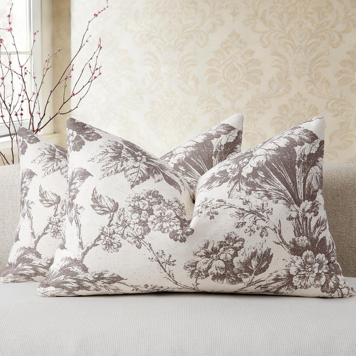 Buenohuas Farmhouse Decorative Pillow Covers 18x18 Set of 2, Vintage Botanical Floral Patterned Cushion Covers for Sofa Couch Chair Bed Living Room Home Decor Accents, Olive Green