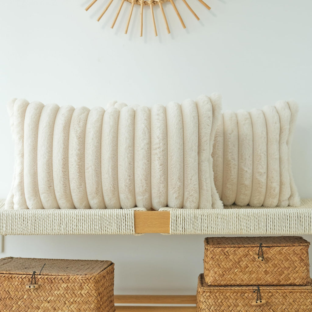 JOJUSIS Faux Fur Plush Throw Pillow Covers, Beige, 20 x 20-Inch