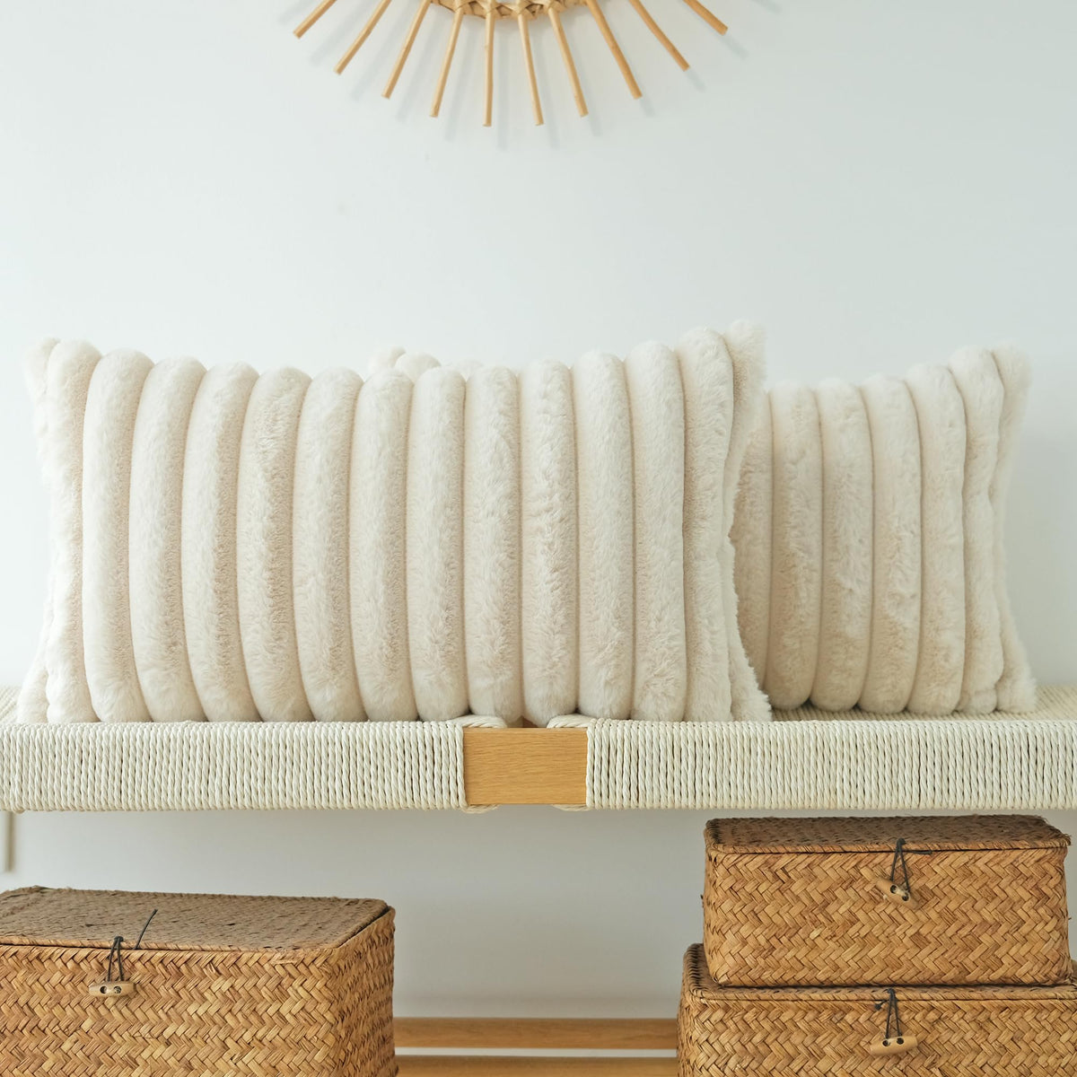 JOJUSIS Faux Fur Plush Throw Pillow Covers, Beige, 20 x 20-Inch