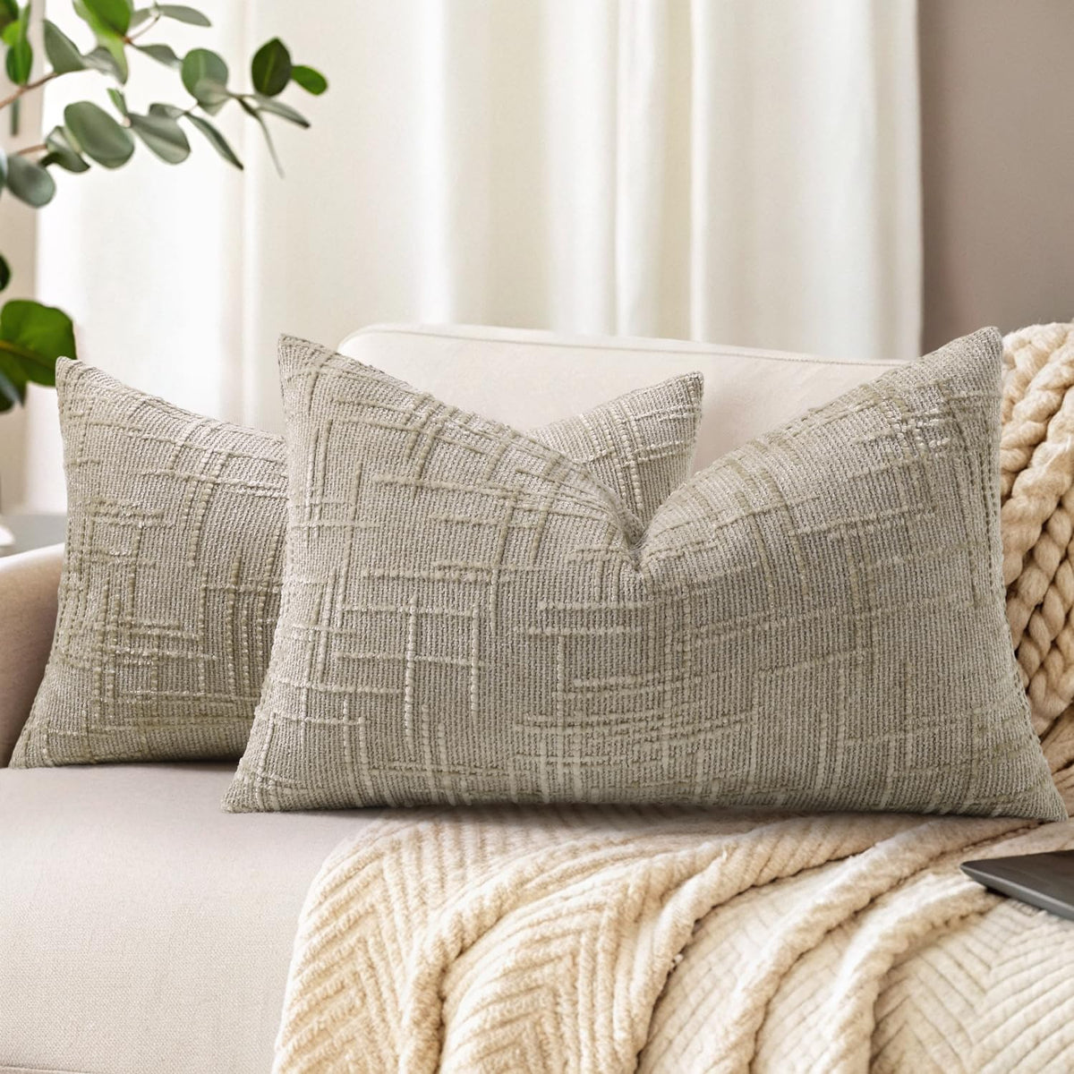 decorUhome Textured Chenille Throw Pillow Covers 18x18 Set of 2 Cream White