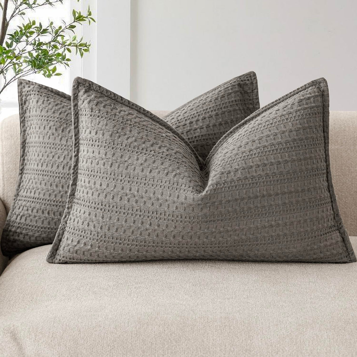 Foindtower Set of 2 Decorative Cotton Waffle Weave Textured Throw Pillow Covers Euro Sham Cushion Covers Accent European Pillowcase For Bed Couch Sofa Bedroom Living Room Home Decor 18×18 Inch Oatmeal