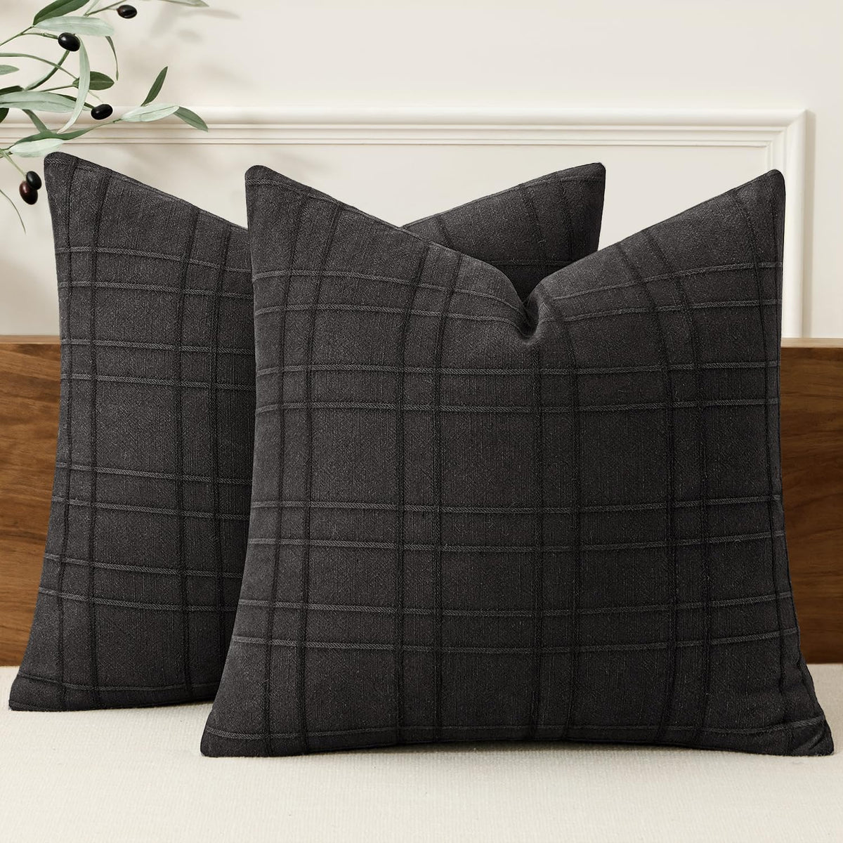 MIULEE Linen Plaid Pillow Covers Decorative 20x20 Natural Beige