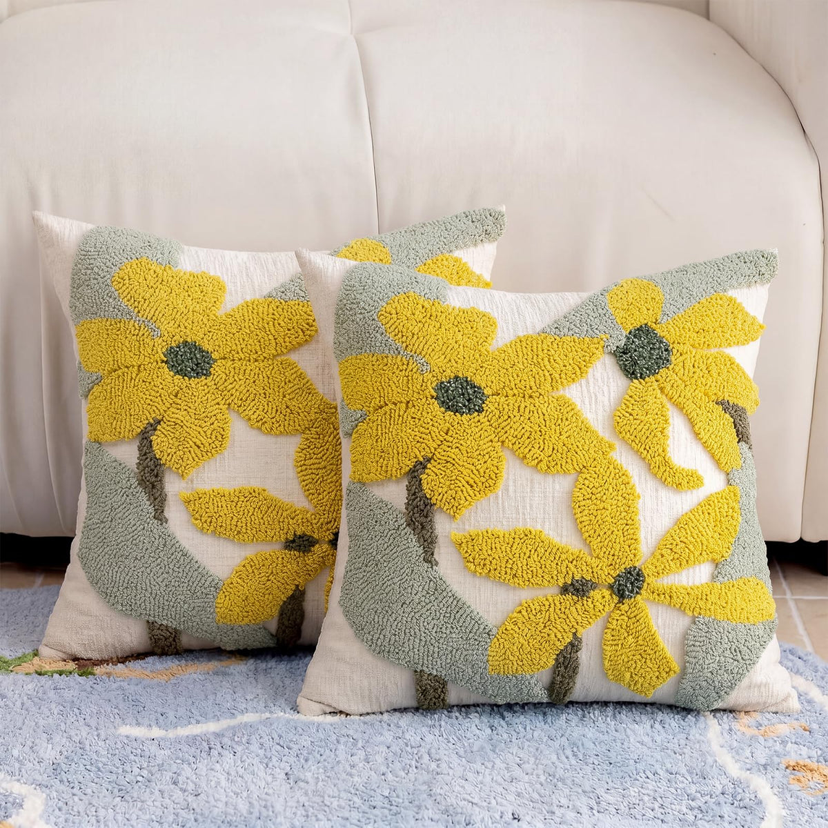 Premium Chenille Embroidered Throw Pillow Covers 18x18 Set of 2, Thick 3D Tufted Pink Floral Decorative Cushion Covers with Hidden Zipper for Couch Sofa Bed Living Room Boho Home Decor