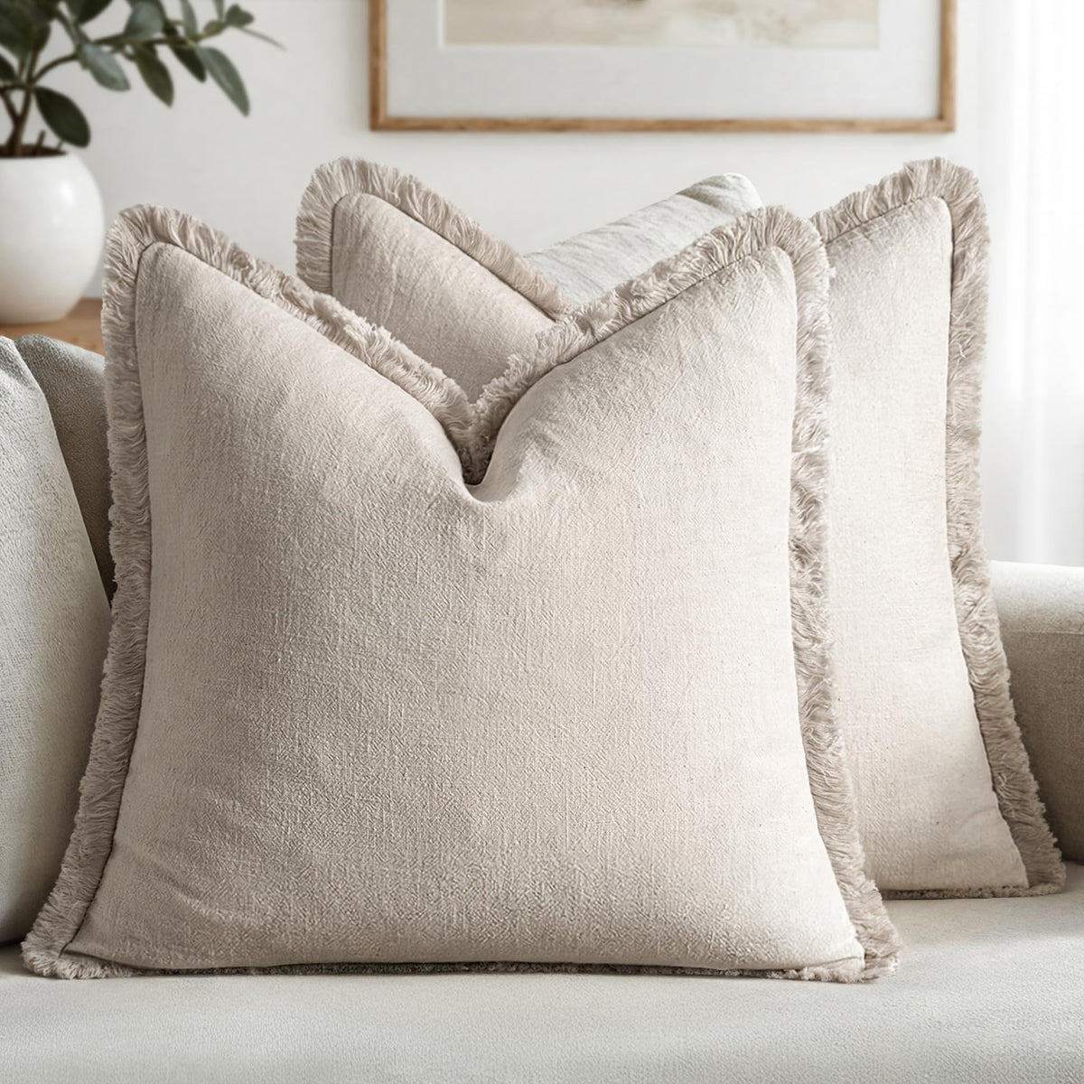 MIULEE Linen Fringe Decorative Throw Pillow Covers Natural Beige 20x20
