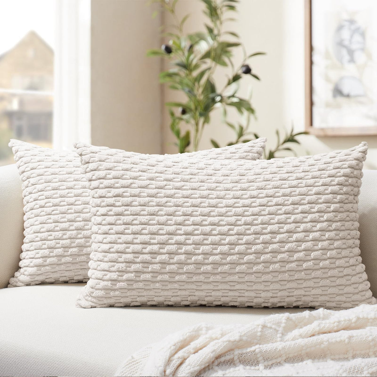 Softalker Corduroy Decorative Throw Pillow Covers 18x18, Set of 2, Beige