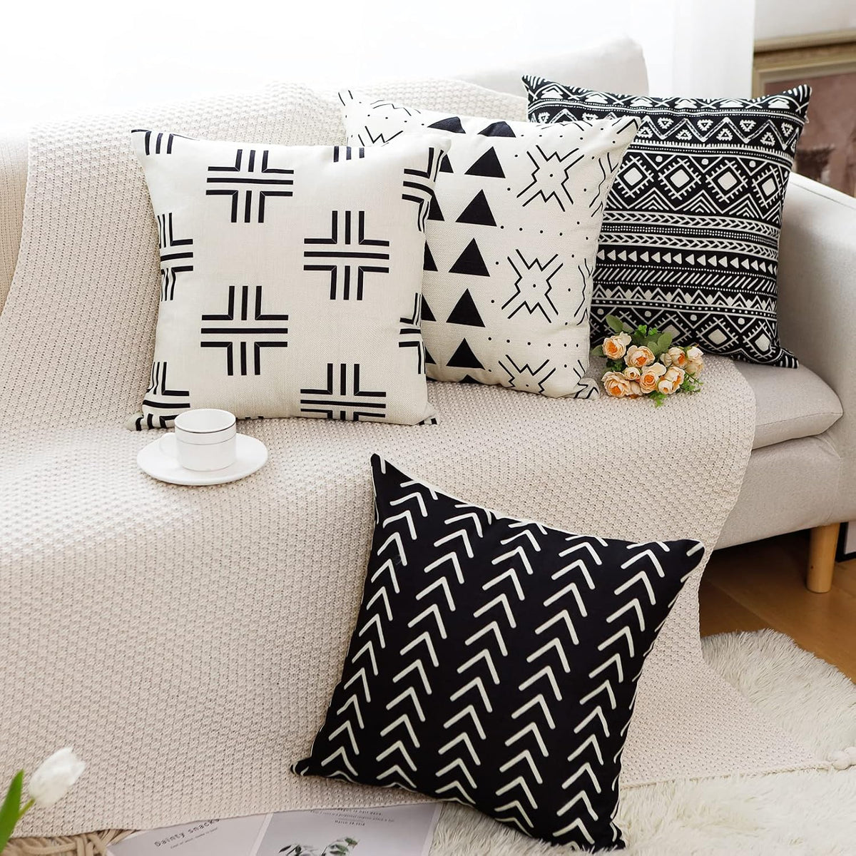 Aoomzoon Pillow Covers 18x18 Set of 4, Modern Boho Geometric Decorative Throw Pillow Covers, Cotton Linen Home Decor Cushion Cover for Couch Sofa Living Room Outdoor Car (18”x18”, Black)