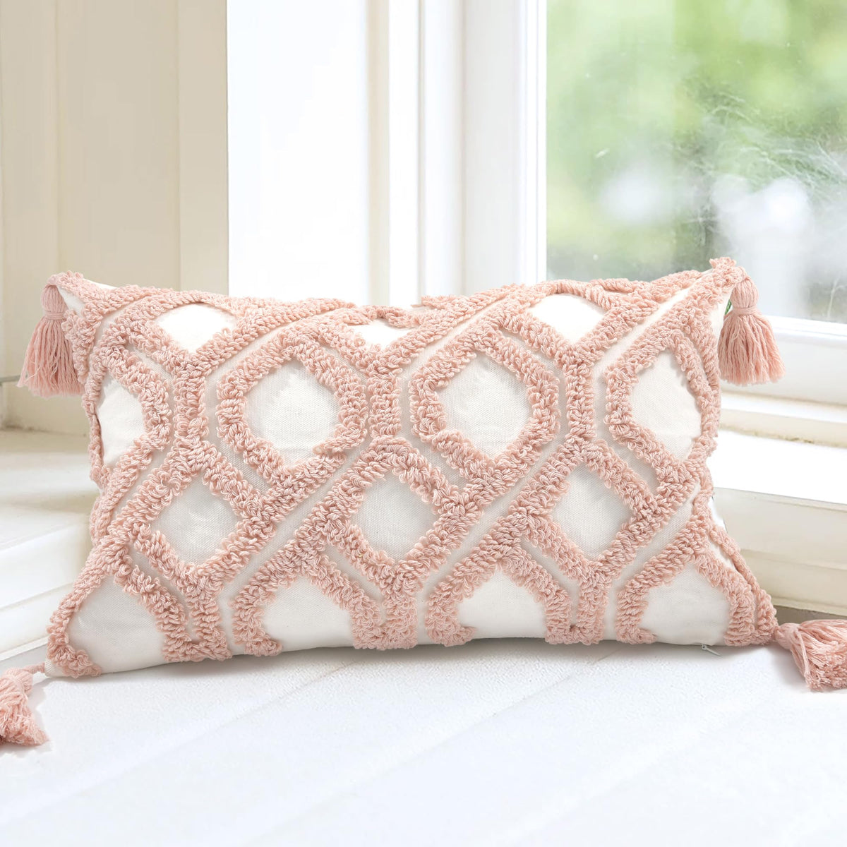 Boho Pillow Covers 18X18 Inch Boho Tufted Throw Pillow Covers Decorative Tassels Cushion Cover Farmhouse Pillow Case for Couch Sofa Bed Living Room Bedroom, Green