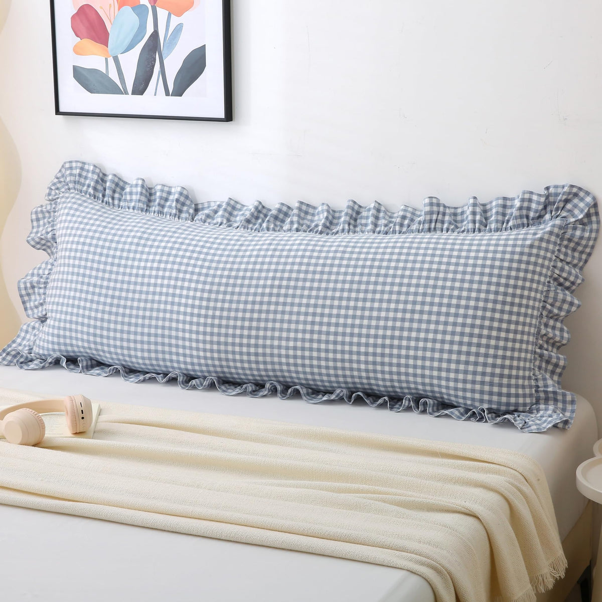 Gingham Throw Pillow Covers 18x18, Warm Taupe/White, Ruffle Trim