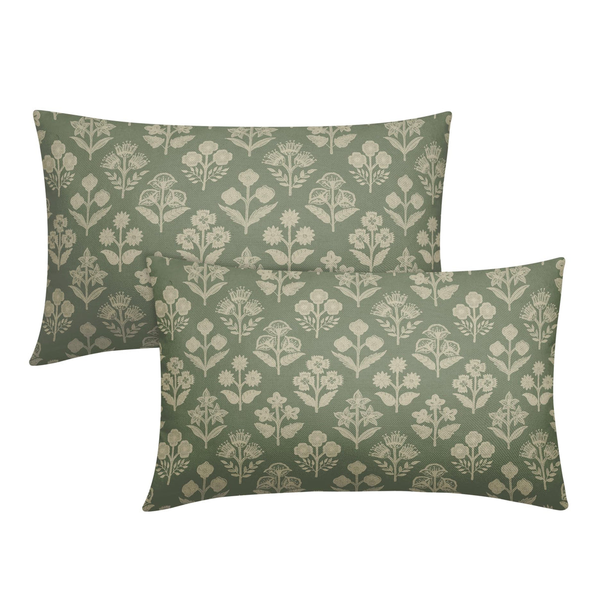 Blue Green Block Print Pillow Covers 18x18 Inch Set of 2, Vintage Floral Spring Decorative Throw Pillow Cases Boho Cushion Covers Rustic Decoration Gift Farmhouse Sofa Couch Bed Decor