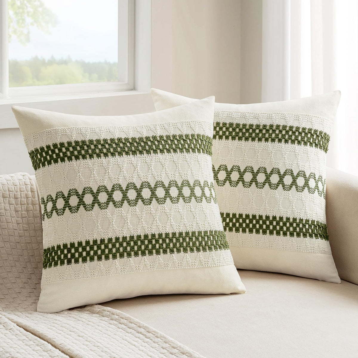 MIULEE Set of 2 Sage Green Boho Decorative Pillow Covers 18x18 Inch