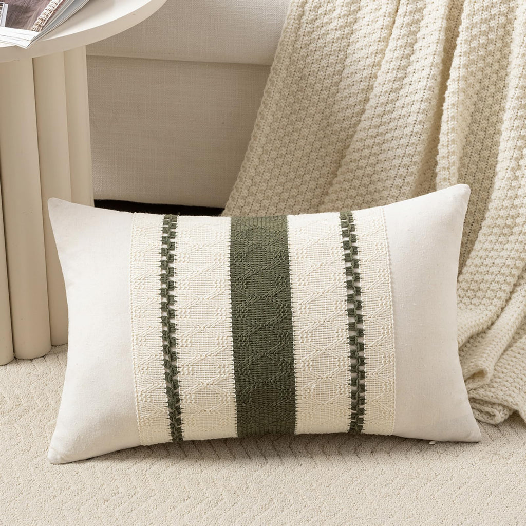 Fancy Homi Set of 1 Sage Green Boho Lumbar Decorative Throw Pillow Covers 12x20 Inch for Living Room Bedroom Couch Bed Chair, Rustic Retro Cushion Case, Bohemian Room Home Decor