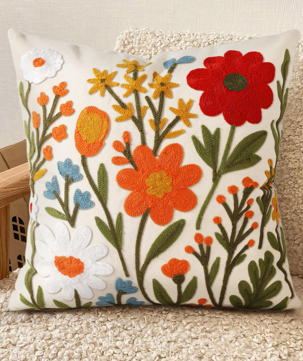 Embroidered Throw Pillow Cover 18x18 Inch, Flower Cluster