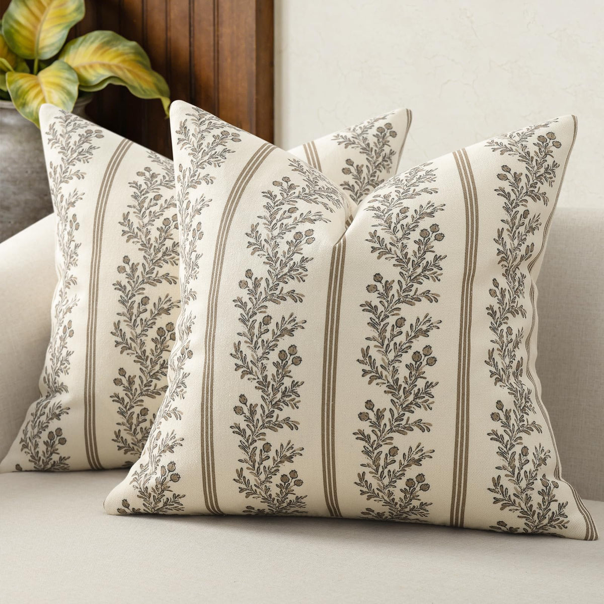 Vintage Throw Pillow Covers 18x18 Set of 2, Striped Floral Pillow Cover Botanical Patterned Decorative Cushion Covers Modern Farmhouse Home Decor for Sofa Couch Bed Living Room, Light Brown