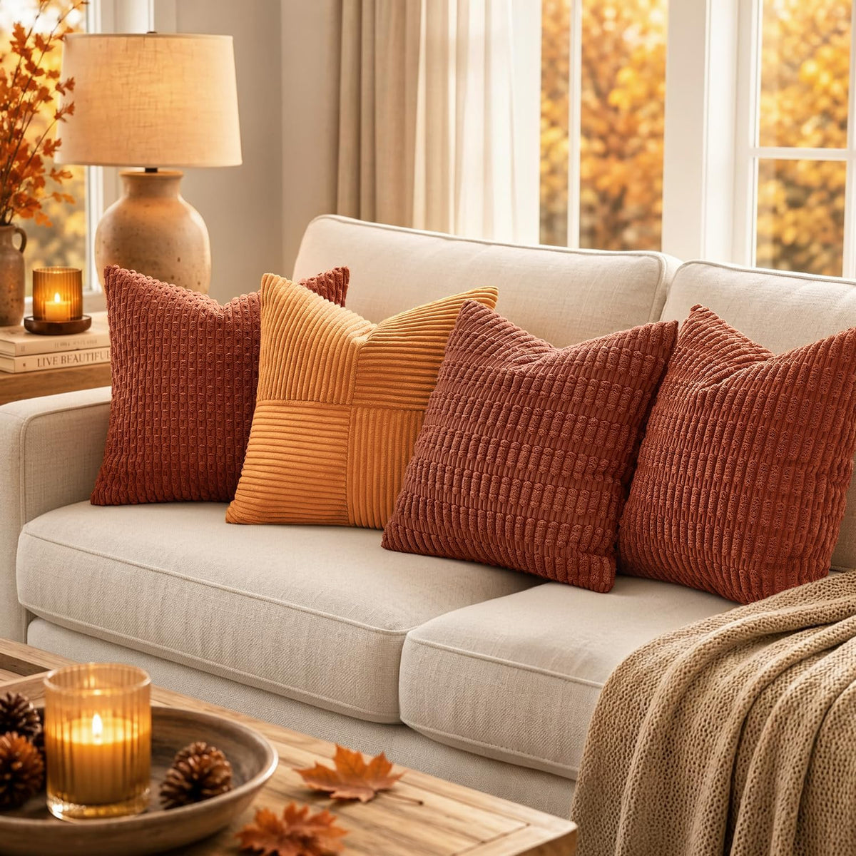 MIULEE Fall Corduroy Decorative Throw Pillow Covers 18x18 Rust Pack of 2
